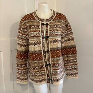 Fair Isle Knit Cardigan Sweater - Cream & Brown